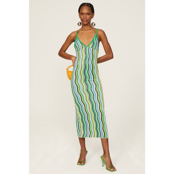 Simon Miller Comet Green Wavy Striped Metallic Knit Sleeveless Midi Dress Sz XL - Picture 1 of 13
